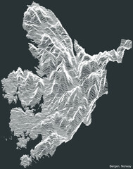 Topographic negative relief map of the city of BERGEN, NORWAY with white contour lines on dark gray background
