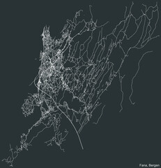 Detailed negative navigation white lines urban street roads map  of the quarter FANA BOROUGH  of the Norwegian regional capital city of Bergen, Norway on dark gray background