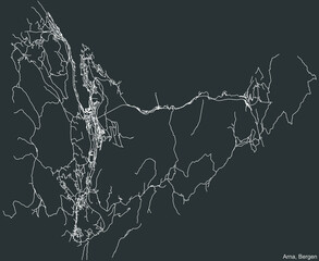Detailed negative navigation white lines urban street roads map  of the quarter ARNA BOROUGH  of the Norwegian regional capital city of Bergen, Norway on dark gray background