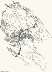 Fototapeta premium Detailed navigation black lines urban street roads map of the quarter ÅSANE BOROUGH of the Norwegian regional capital city of Bergen, Norway on vintage beige background