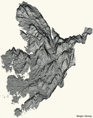 Topographic relief map of the city of BERGEN, NORWAY with black contour lines on vintage beige background