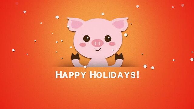 Happy Holidays with pink pig on orange background, motion holidays and winter style background for New Year and Merry Christmas
