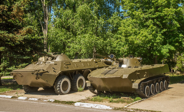 BTR-70 - armored personnel carrier and BMD-2 - airborne infantry fighting vehicle in Victory park on Falcon (Sokolovaya) mountain. Saratov. Russia