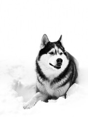 Siberian husky dog lies in the snow. Close-up front view