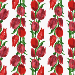 Seamless background from watercolor drawings of red tulips with green leaves in rows