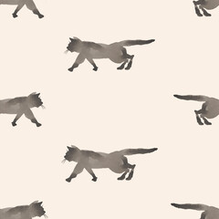 Seamless background from watercolor drawings of silhouettes walking domestic siamese cats
