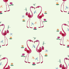 Seamless pattern from watercolor drawings of cartoon pink flamingos, flying dragonflies and water lilies