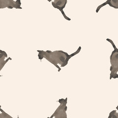 Fototapeta premium Seamless pattern from watercolor drawings of silhouettes sitting domestic siamese cats