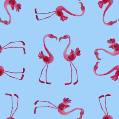 Seamless pattern from watercolor drawings of cartoon pink flamingos