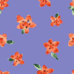Obraz na płótnie Canvas Seamless pattern from watercolor drawings of abstract red flowers with green leaves on lilac backdrop