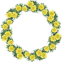 Watercolor vector drawing of wreath from abstract yellow flowers with green leaves