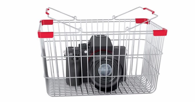 Digital camera adding to shopping basket, 3d animation. 3D rendering isolated on white background