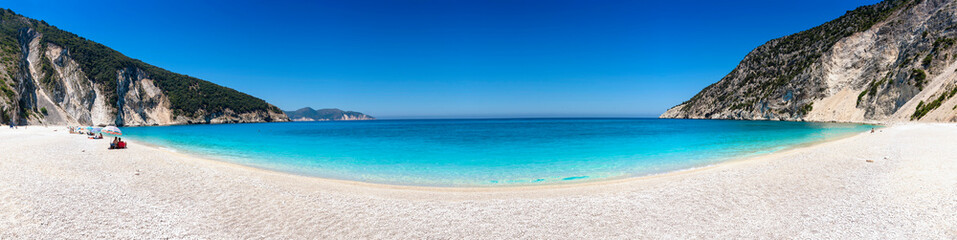 Wide panoramic view of the popular Myrtos beach, Kefalonia Island, Greece, with turquoise sea and no people