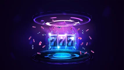 Foto op Plexiglas Neon Casino slot machine with jackpot, poker chips and hologram of digital rings in dark empty scene © DDevicee
