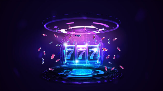 Neon Casino slot machine with jackpot, poker chips and hologram of digital rings in dark empty scene