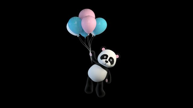 Panda bear flies on balloons