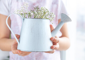 Vintage white watering can with gypsophila flowers in hands close-up. Concept of plant care,...