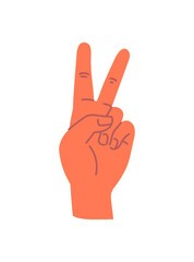Hand shows gesture concept. Minimalistic sticker with palm, index and middle fingers raised up. Peace Sign. Design element for websites. Cartoon flat vector illustration isolated on white background