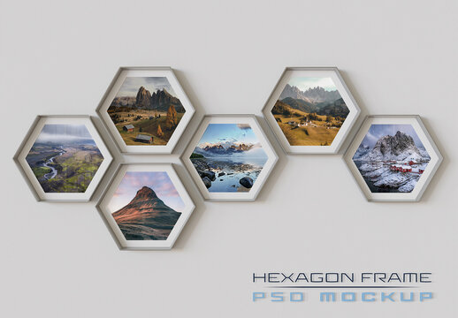 Hexagonal Photo Frames Mockup Hanging on Wall