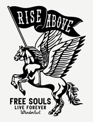 Black and White Skeleton Riding A Pegasus Horse And Carrying A Flag Illustration with A Slogan Artwork on White Background for Apparel or Other Uses