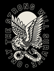 Black and White Fight Between Eagle and Snake Traditional Tattoo Style Illustration with A Slogan Artwork on Black Background for Apparel or Other Uses