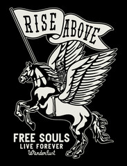 Black and White Skeleton Riding A Pegasus Horse And Carrying A Flag Illustration with A Slogan Artwork on Black Background for Apparel or Other Uses