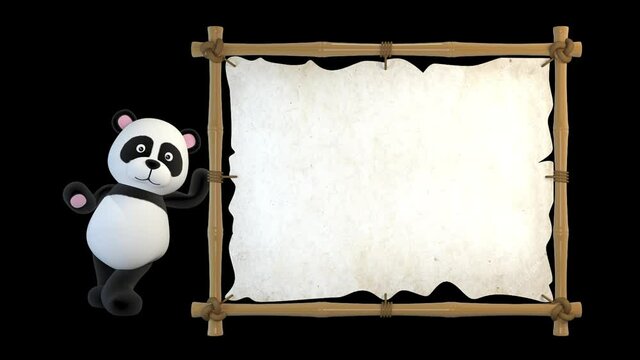 Panda leans on a bamboo frame and explains