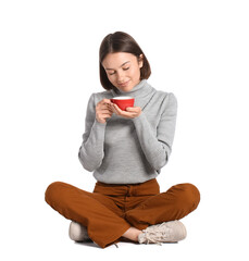 Beautiful woman with cup of coffee on white background