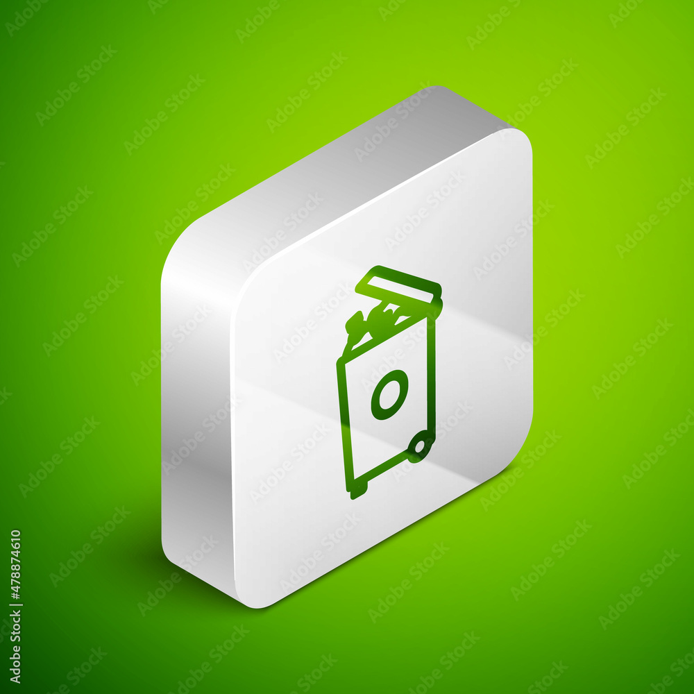 Poster isometric line trash can icon isolated on green background. garbage bin sign. recycle basket icon. o