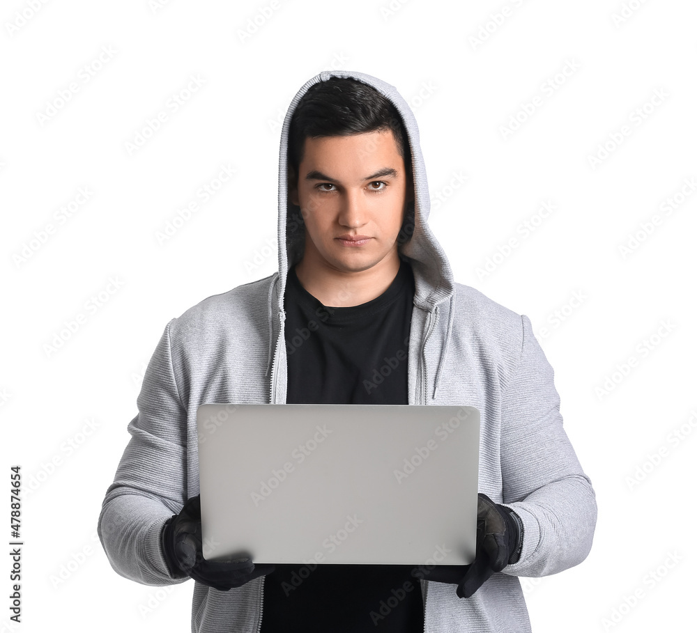 Poster hacker with laptop on white background