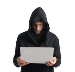 Hacker with laptop on white background