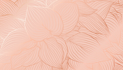 Digital vector illustration - golden foiled hosta leaves in hand drawn line art on calm coral background. Luxurious art deco wallpaper design for print, poster, cover, banner, fabric, invitation.