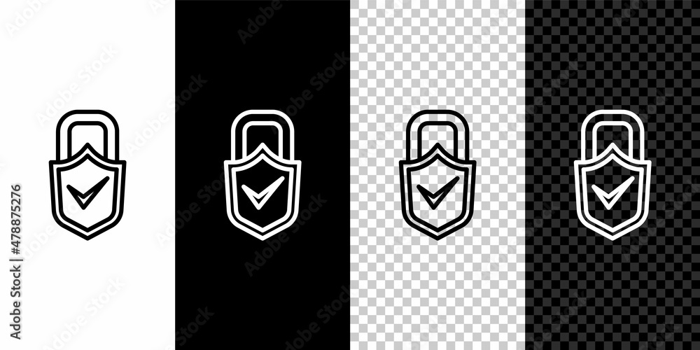 Poster set line open padlock and check mark icon isolated on black and white background. cyber security con