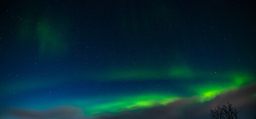 Northern Lights also known as aurora, borealis or polar lights at cold night over deep black star...