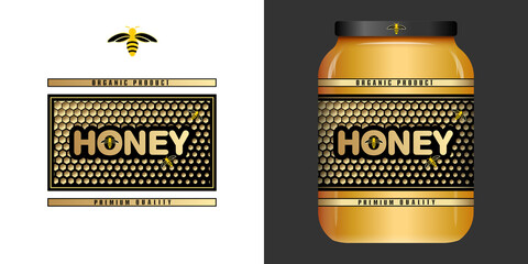 Etiquette chic et graphique, or et noire pour un bocal d’un producteur de miel avec des alvéoles d’une ruche et des petites abeilles - texte anglais. - obrazy, fototapety, plakaty