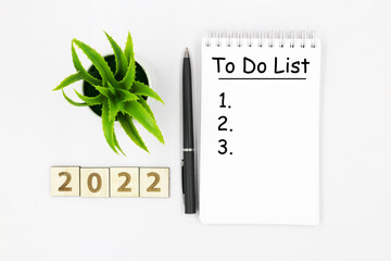 To do list on notepad with pen, grass and wood cube with numbers 2022 on the white desk.