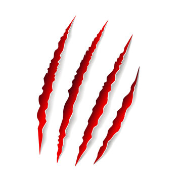 Red animal claw marks, scratches, talons cuts cat, tiger, dog, lion, monster isolated on white background. Vector realistic illustration. Design for animal print, banner, poster