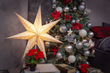 beautiful Christmas background with Christmas tree branches and Christmas toys