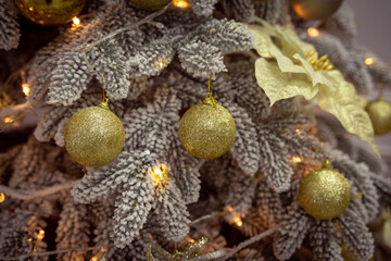beautiful Christmas background with Christmas tree branches and Christmas toys