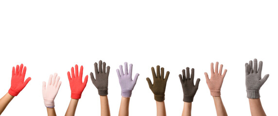 Women in warm gloves on white background