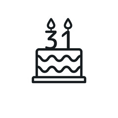Birthday cake line icon with candle number 31. Vector.