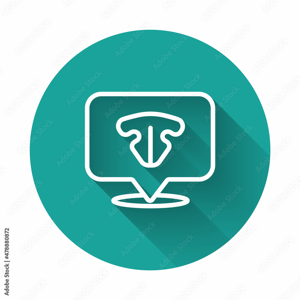 Poster white line cat nose icon isolated with long shadow background. green circle button. vector