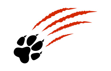 Animal paw print silhouette with red claw marks, scratches, talons cuts cat, tiger, dog, lion, monster isolated on white background. Vector flat illustration. Design for animal print, banner, poster © Nataliia