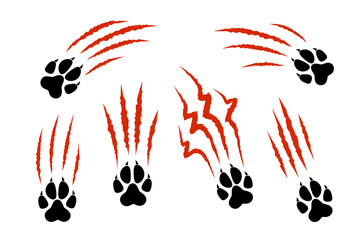 Set of animal paw print silhouette with red claw marks, scratches, talons cuts cat, tiger, dog, lion, monster isolated on white background. Vector flat illustration. Design for animal print, banner - obrazy, fototapety, plakaty