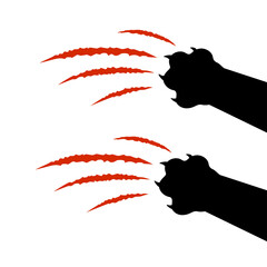 Black cat paw print silhouette with red claw marks, scratches, talons cuts, track isolated on white background. Vector flat illustration. Design for animal print, banner, poster - obrazy, fototapety, plakaty