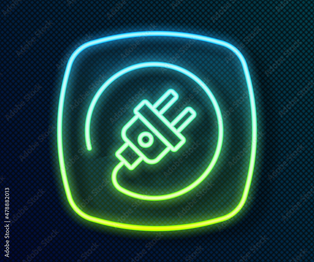 Poster glowing neon line electric plug icon isolated on black background. concept of connection and disconn