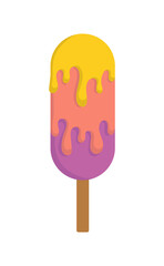 Ice cream concept. Sticker with melting cold dessert with various fruit flavors on stick. Design element for icons and fabric printing. Cartoon flat vector illustration isolated on white background