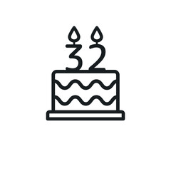 Birthday cake line icon with candle number 32. Vector.