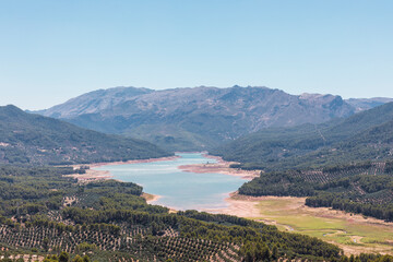 Panoramic view of the Tranco swamp in the Sierra de segura in Jaen, Andalusia, Spain.