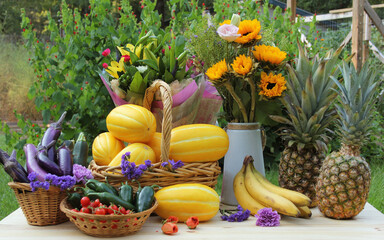 Fresh Fruit and Vegetables for Sale at Farmers Market Melons, Pineapple, Eggplants